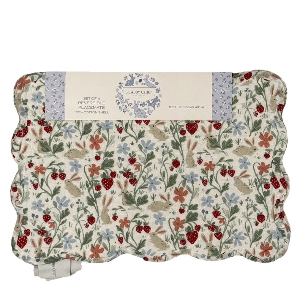 Shabby Chic Easter Bunny Rabbits Spring Flowers Quilted‎ Placemats Set of 4